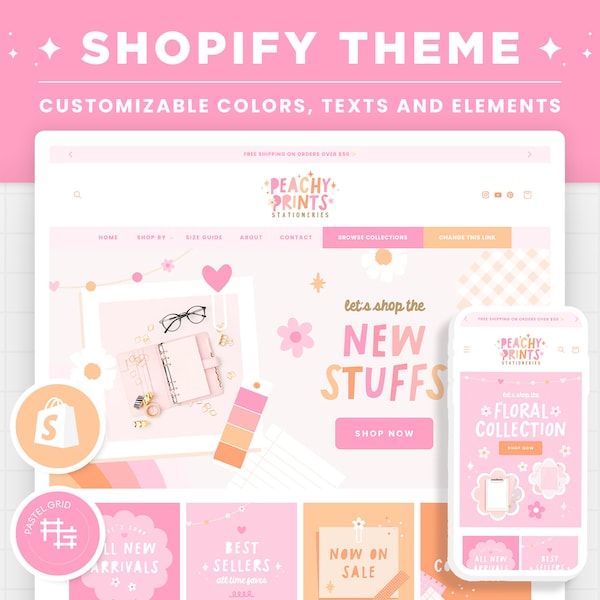 Shopify-thema Roze Perzik Oranje Aanpasbare kleuren Shopify-sjabloon Bewerkbare Canva-banners Boutique Vrouwelijke esthetiek Shopify-themaontwerp