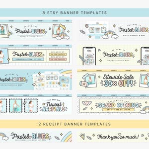 Puede incluir: Ocho plantillas de banner de Etsy con un esquema de color pastel y un dise&ntilde;o de arco&iacute;ris. Los banners muestran el texto "Pastel Blues" y varios mensajes promocionales, como "Bienvenido a Pastel Blues", "&iexcl;Venta en todo el sitio con un 30% de descuento!" y "Gran inauguraci&oacute;n". Tambi&eacute;n se incluyen dos plantillas de banner de recibo, una con el texto "Pastel Blues" y la otra con el texto "&iexcl;Muchas gracias!"