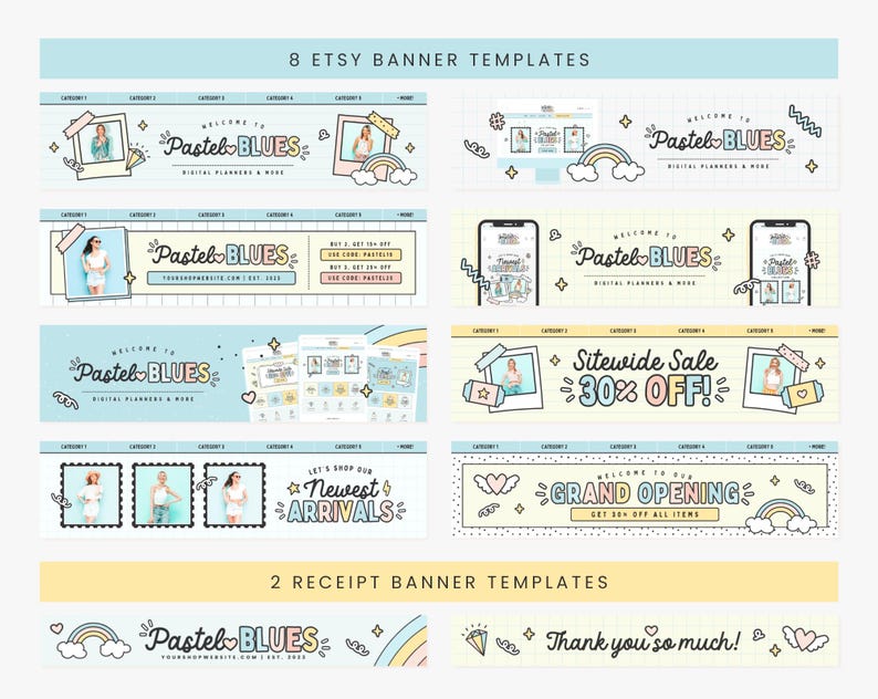 Puede incluir: Ocho plantillas de banner de Etsy con un esquema de color pastel y un dise&ntilde;o de arco&iacute;ris. Los banners muestran el texto "Pastel Blues" y varios mensajes promocionales, como "Bienvenido a Pastel Blues", "&iexcl;Venta en todo el sitio con un 30% de descuento!" y "Gran inauguraci&oacute;n". Tambi&eacute;n se incluyen dos plantillas de banner de recibo, una con el texto "Pastel Blues" y la otra con el texto "&iexcl;Muchas gracias!"
