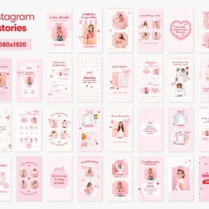May include: A collection of pink and white Instagram story templates with various designs and text. Some templates feature bows, hearts, and polka dots. Others include text like "New Arrival", "Featured Collection", and "Success is earned not given".