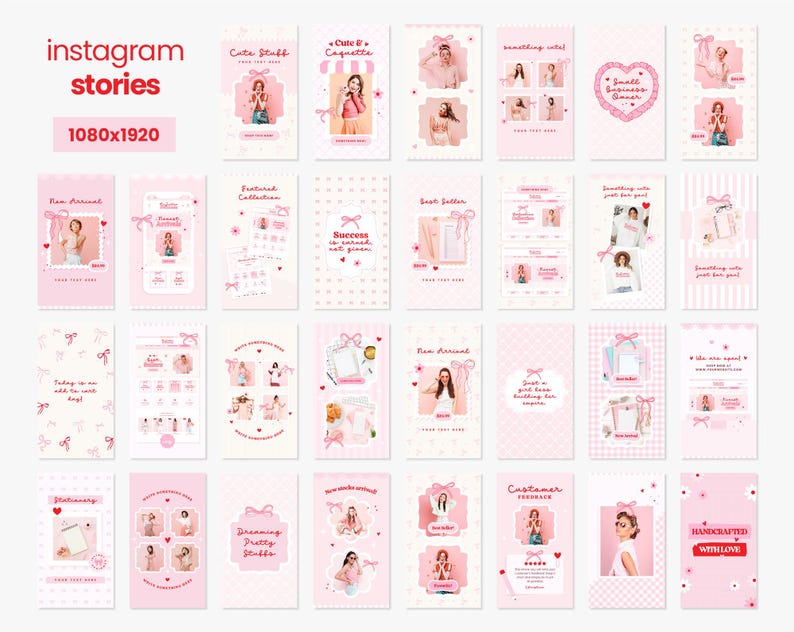 May include: A collection of pink and white Instagram story templates with various designs and text. Some templates feature bows, hearts, and polka dots. Others include text like "New Arrival", "Featured Collection", and "Success is earned not given".