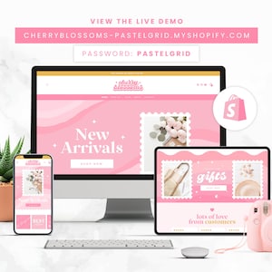 May include: A pink computer screen displaying a website for a shop called "cherry blossoms" with the text "New Arrivals" and a pink tablet displaying a website with the text "gifts". The website is for a shop called "cherry blossoms".