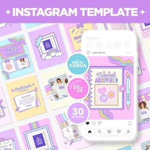 Instagram Posts Template Bundle in Square, Portrait, and Stories in Purple Pink Blue Colors - Canva Editable Social Media Templates - CTD