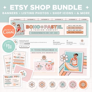 Etsy Shop Banner Templates Boho Pastel Retro Groovy Aesthetic Etsy Branding Kit Template Editable Canva Banner Mockup Etsy Shop Bundle - BPT
