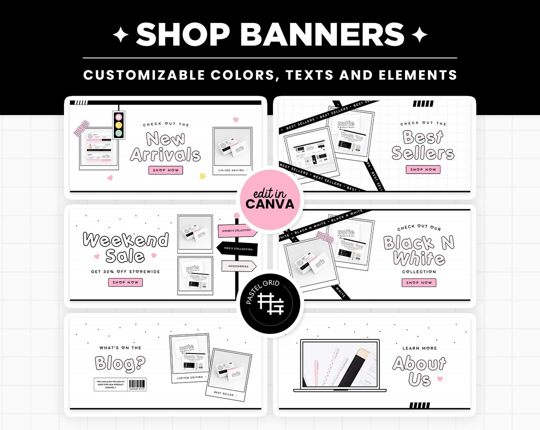 Shop Banners Cute Black White Pink Editable via Canva, Shopify Banners ...