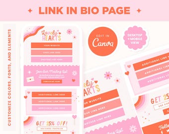 Link in Bio Canva Editable Template in Pink Red Hearts Colors Instagram Link Landing Page Girly Rainbow Aesthetic Link Page Design - LLH