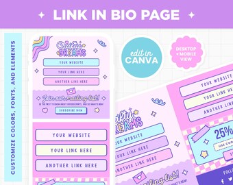 Link in Bio Canva Editable Template in Purple Pink Blue Instagram Link Landing Page Bright Rainbow Colorful Link in Bio Page Design - CTD