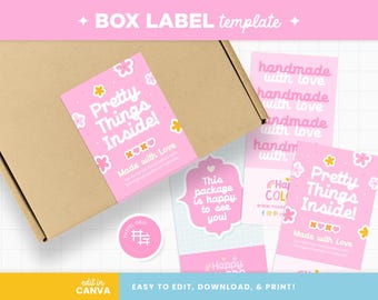 Editable Box Label Canva Template Black in Happy Colors Customizable Packaging Seal Sticker Template - HPC