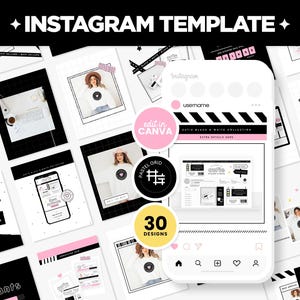 Paquete de plantillas para publicaciones de Instagram en formato cuadrado, vertical e historias en un bonito diseño en blanco y negro, rosa y negro editable de Canva para redes sociales - CBW