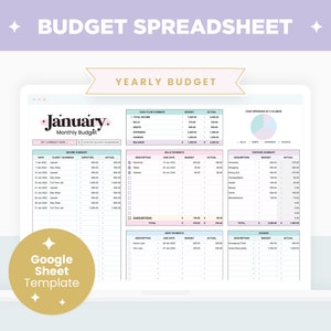 Pastel Budget Spreadsheet Extended, Digital Budget Planner, Annual and Monthly Budget Google Sheet Editable Template, Savings, Debt Payment