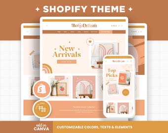 Shopify Theme Boho Beige Brown Shopify Template, Customizable Theme, Editable Canva Banners Boutique Feminine Aesthetic Shopify Theme - BDR