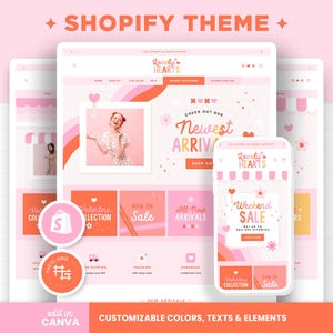 Shopify Theme Red Pink Hearts Customizable Ecommerce Shopify Theme Editable Canva Banners Boutique Aesthetic Shopify Theme Design - LLH