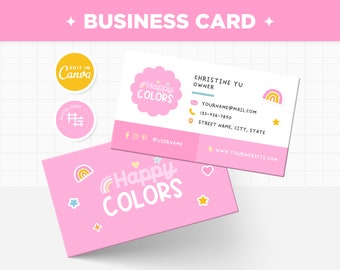 Business Card Template Editable in Canva Pink Peach Orange Bright Colorful Customizable Calling Card Design - HPC