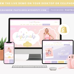 K&ouml;nnte beinhalten: Ein Mockup einer Website auf einem Desktop-Computer, einem Tablet und einem Smartphone. Die Website ist f&uuml;r einen Shop namens "Pastel Rainbow" und verf&uuml;gt &uuml;ber ein rosa-violettes Farbschema mit einem wolkenf&ouml;rmigen Banner, auf dem "Best Picks from Customers" steht. Die Website verf&uuml;gt au&szlig;erdem &uuml;ber ein Verkaufsbanner mit der Aufschrift "Sale 30% off".