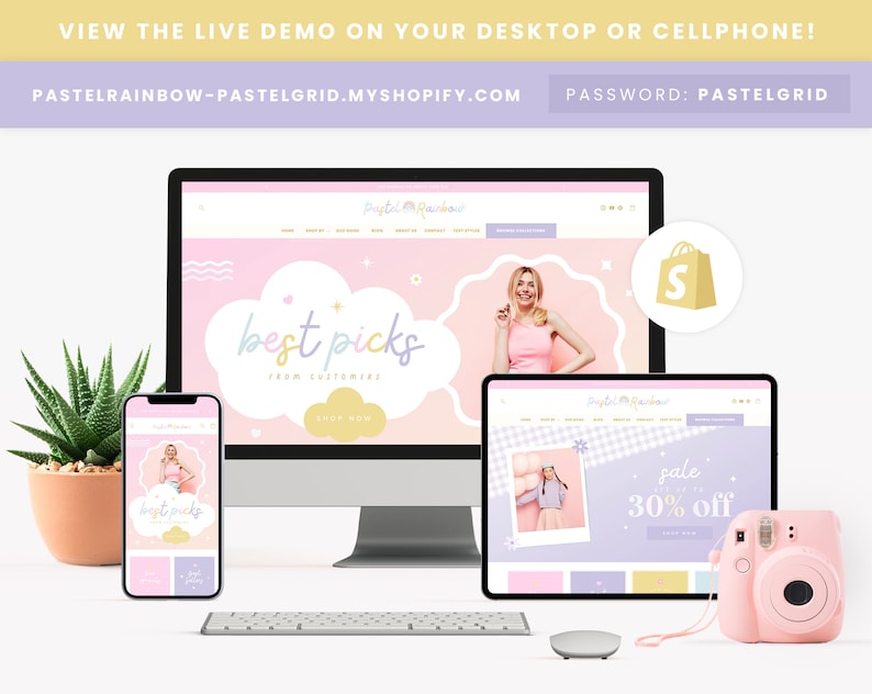 K&ouml;nnte beinhalten: Ein Mockup einer Website auf einem Desktop-Computer, einem Tablet und einem Smartphone. Die Website ist f&uuml;r einen Shop namens "Pastel Rainbow" und verf&uuml;gt &uuml;ber ein rosa-violettes Farbschema mit einem wolkenf&ouml;rmigen Banner, auf dem "Best Picks from Customers" steht. Die Website verf&uuml;gt au&szlig;erdem &uuml;ber ein Verkaufsbanner mit der Aufschrift "Sale 30% off".