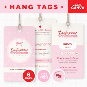 Modelo de etiqueta de preço editável Canva em estética Coquette, etiquetas de pendurar rosa e vermelho para roupas, modelo de etiqueta de preço comercial - CQP