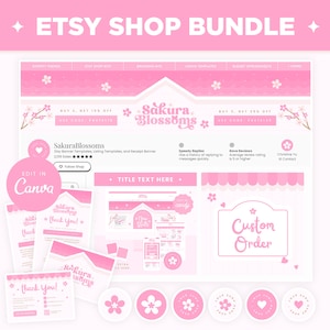 Etsy Shop Bundle - Etsy Banner Templates in Pink Sakura Cherry Blossoms Editable Etsy Branding Kit Canva Templates - Etsy Shop Kit - SKB