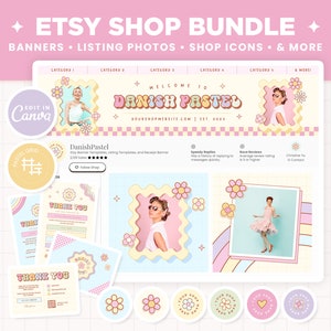 Etsy Shop Banner Templates Danish Pastel Retro Groovy Aesthetic Etsy Branding Kit Template Editable Canva Banner Mockup Shop Bundle - DPT