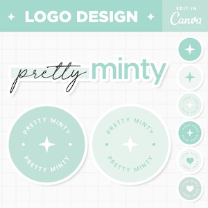 Pode incluir: Um design de logotipo para um negócio chamado "pretty minty" com um esquema de cores verde menta. O logotipo apresenta uma estrela e as palavras "pretty minty" em um círculo.