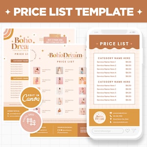 May include: A pink and brown price list template for a business called "Boho Dream". The template features a grid layout with categories and services listed with prices. The template also includes a logo with a boho-style design and contact information.