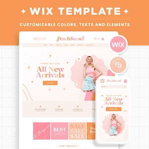 Wix Template in Peach Pink Orange - Bright Colorful Peach Beige Wix Website Theme, Editable Canva Customizable Web Shop Design Templates PSS