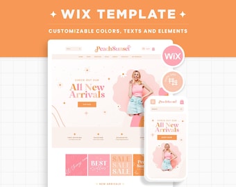 Wix Template in Peach Pink Orange - Bright Colorful Peach Beige Wix Website Theme, Editable Canva Customizable Web Shop Design Templates PSS