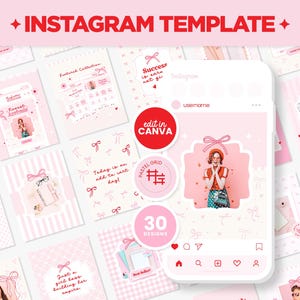 May include: A pink and white Instagram template with 30 designs. The template features a pastel grid with bows, hearts, and stars. The text "Success is earn not get" is in a red box. The text "edit in CANVA" is in a red circle. The text "PASTEL GRID" is in a pink circle. The text "30 DESIGNS" is in a pink circle.