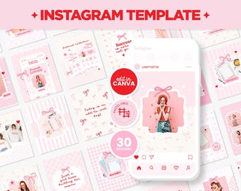 Instagram Posts Template Coquette Valentines Day Pink Red Colors Bundle Square Portrait Story Canva Editable Cute Social Media Template CQP