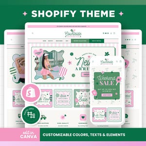 Puede incluir: Un dise&ntilde;o de tema Shopify que se muestra en una tableta y un tel&eacute;fono inteligente, con una combinaci&oacute;n de colores rosa y verde. El dise&ntilde;o incluye el texto "Courtside Aesthetics", "New Arrivals" y "Weekend Sale". La imagen tambi&eacute;n incluye "Edit in Canva" y "Customizable Colors, Texts & Elements".