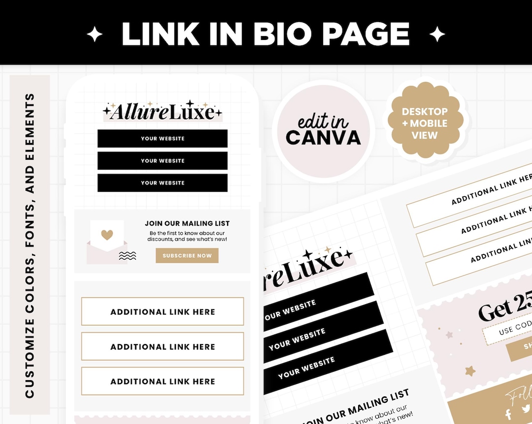 Link in Bio Canva Editable Template in Black White Pink Colors ...