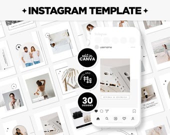 Instagram Posts Template Bundle in Square, Portrait, and Stories in White Aesthetics - Canva Editable Black & White Social Media - WLX