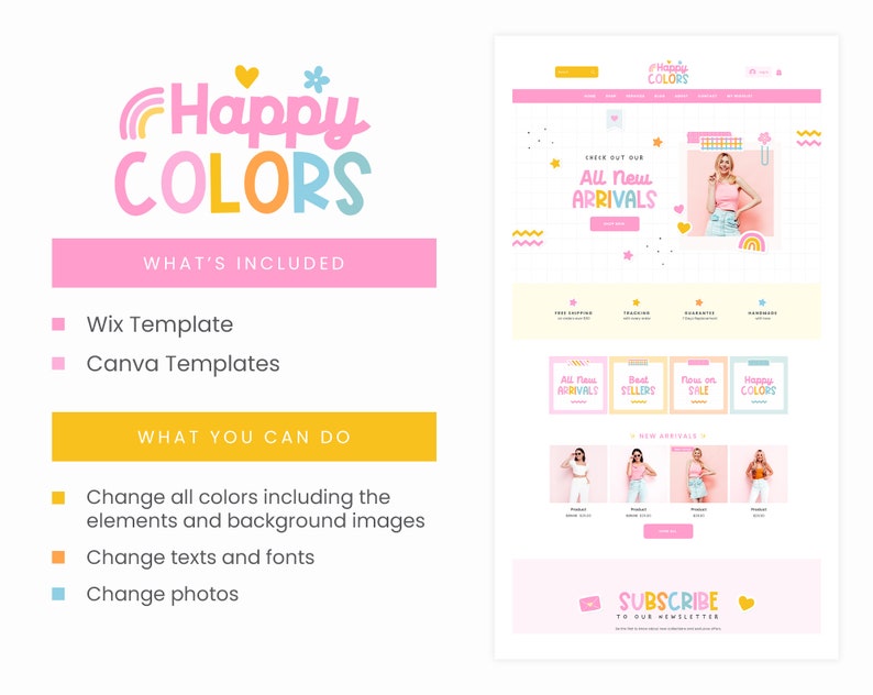 May include: A digital website template design titled Happy Colors featuring a pastel color palette with pink, yellow, and blue accents. The layout includes sections for new arrivals, product categories, and a newsletter subscription area with icons.