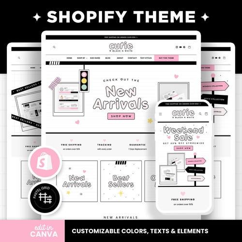 Shopify Theme Black White Pink Customizable Shopify Template Editable Canva Banners Boutique Feminine Bright Aesthetic Cute Design - CBW