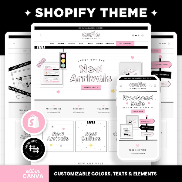 Shopify-thema Zwart Wit Roze Aanpasbaar Shopify-sjabloon Bewerkbare canvasbanners Boutique Vrouwelijk helder esthetisch schattig ontwerp - CBW