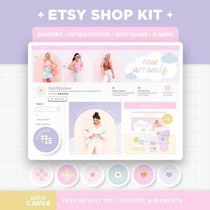 Etsy Shop Banner Templates, Pastel Rainbow Etsy Bundle Branding Kit Template Editable Canva Banner Mockup Templates Etsy Shop Kit - PRB