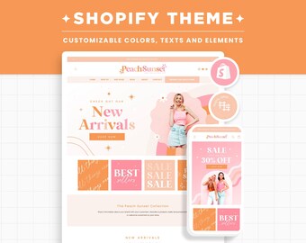 Shopify Theme Pink Peach Orange Customizable Colors Shopify Template Editable Canva Banners Boutique Feminine Aesthetic Shopify Theme - PSS