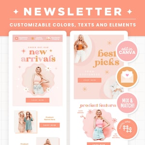 Könnte beinhalten: Eine rosa und weiße Newsletter-Vorlage mit einem pastellfarbenen Farbschema. Die Vorlage enthält eine Vielzahl von Bildern, Texten und Grafiken, darunter eine Frau in einem rosa Oberteil und Jeans, eine Frau in einem rosa Oberteil und einem Jeansrock und eine Frau in einem weißen Oberteil und Jeans. Die Vorlage enthält auch den Text "Neue Ankünfte", "Beste Auswahl", "Produktmerkmale" und "Mix & Match!" Die Vorlage ist anpassbar mit Farben, Texten und Elementen.