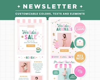 Email Templates Newsletter Design Editable Canva Email Banners and Headers in Holiday Christmas Bright Colors Aesthetic Girly Feminine - HHL