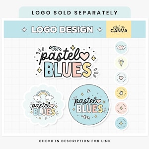 Puede incluir: Un dise&ntilde;o de logotipo azul pastel y rosa con el texto "pastel BLUES" en una fuente caprichosa. El logotipo est&aacute; rodeado de estrellas y corazones. El texto "edit in CANVA" tambi&eacute;n est&aacute; incluido en la imagen.