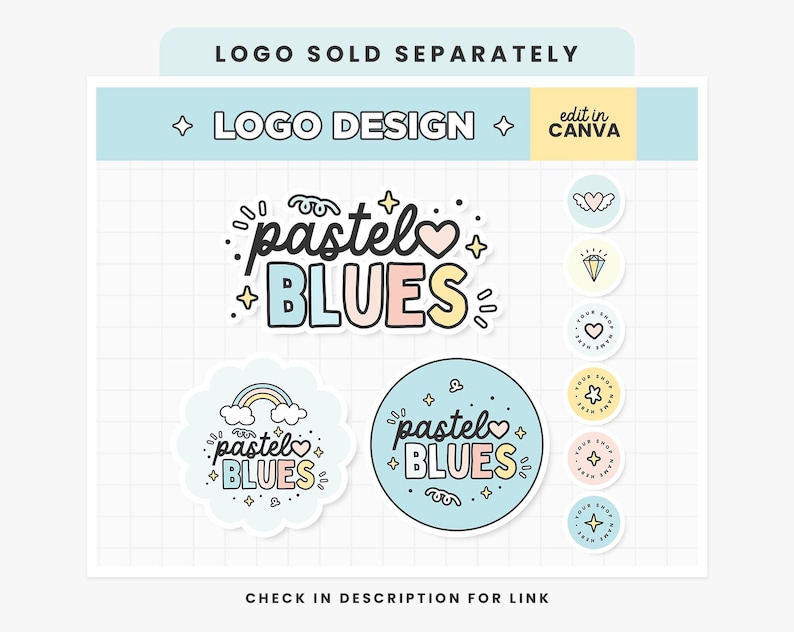 Puede incluir: Un dise&ntilde;o de logotipo azul pastel y rosa con el texto "pastel BLUES" en una fuente caprichosa. El logotipo est&aacute; rodeado de estrellas y corazones. El texto "edit in CANVA" tambi&eacute;n est&aacute; incluido en la imagen.