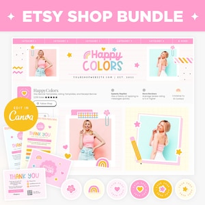 Etsy Shop Banner Templates Rainbow Bright Happy Colors Aesthetic Etsy Branding Kit Template Editable Canva Banner Mockup Etsy Shop Bundle