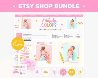 Etsy Shop Banner Sjablonen Regenboog Heldere Vrolijke Kleuren Esthetische Etsy Branding Kit Sjabloon Bewerkbare Canva Banner Mockup Etsy Shop Bundel