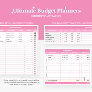 May include: A pink and white printable budget planner with sections for tracking subscriptions and bills. The planner includes a list of subscriptions, a monthly payment tracker, and a bills payment section with due dates, budgets, and actual amounts.