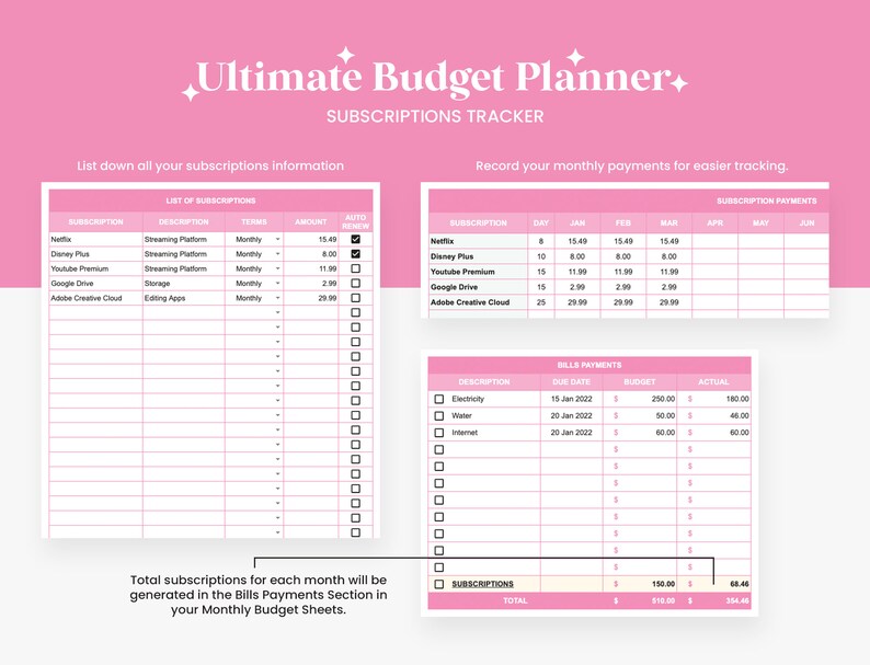 May include: A pink and white printable budget planner with sections for tracking subscriptions and bills. The planner includes a list of subscriptions, a monthly payment tracker, and a bills payment section with due dates, budgets, and actual amounts.