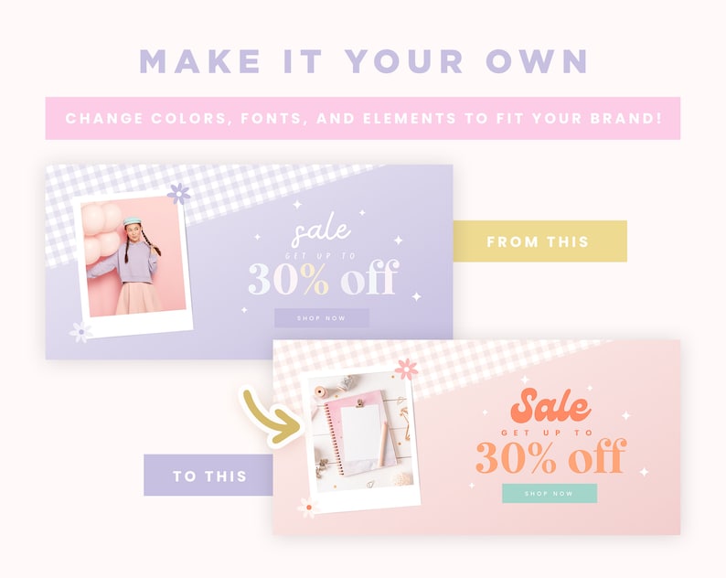 K&ouml;nnte beinhalten: Eine Grafikdesign-Vorlage f&uuml;r einen Social-Media-Beitrag mit einem rosa-wei&szlig;en Gingham-Muster. Der Text "Sale get up to 30% off" ist in einer bunten, verspielten Schriftart. Die Vorlage enth&auml;lt einen Platzhalter f&uuml;r ein Foto und einen "Shop Now"-Button.