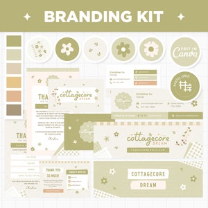 Kit de marque Modèles Cottagecore Canva Cartes de visite modifiables et personnalisables Cartes de remerciement Couverture Facebook Faits saillants Instagram - CDR