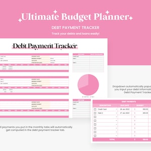 May include: A pink and white printable budget planner with the title "Ultimate Budget Planner+". The planner includes a debt payment tracker with sections for debt name, creditor, account number, interest rate, minimum payment, due date, starting balance, and target payment date. The planner also includes a pie chart and a table for tracking debt payments.