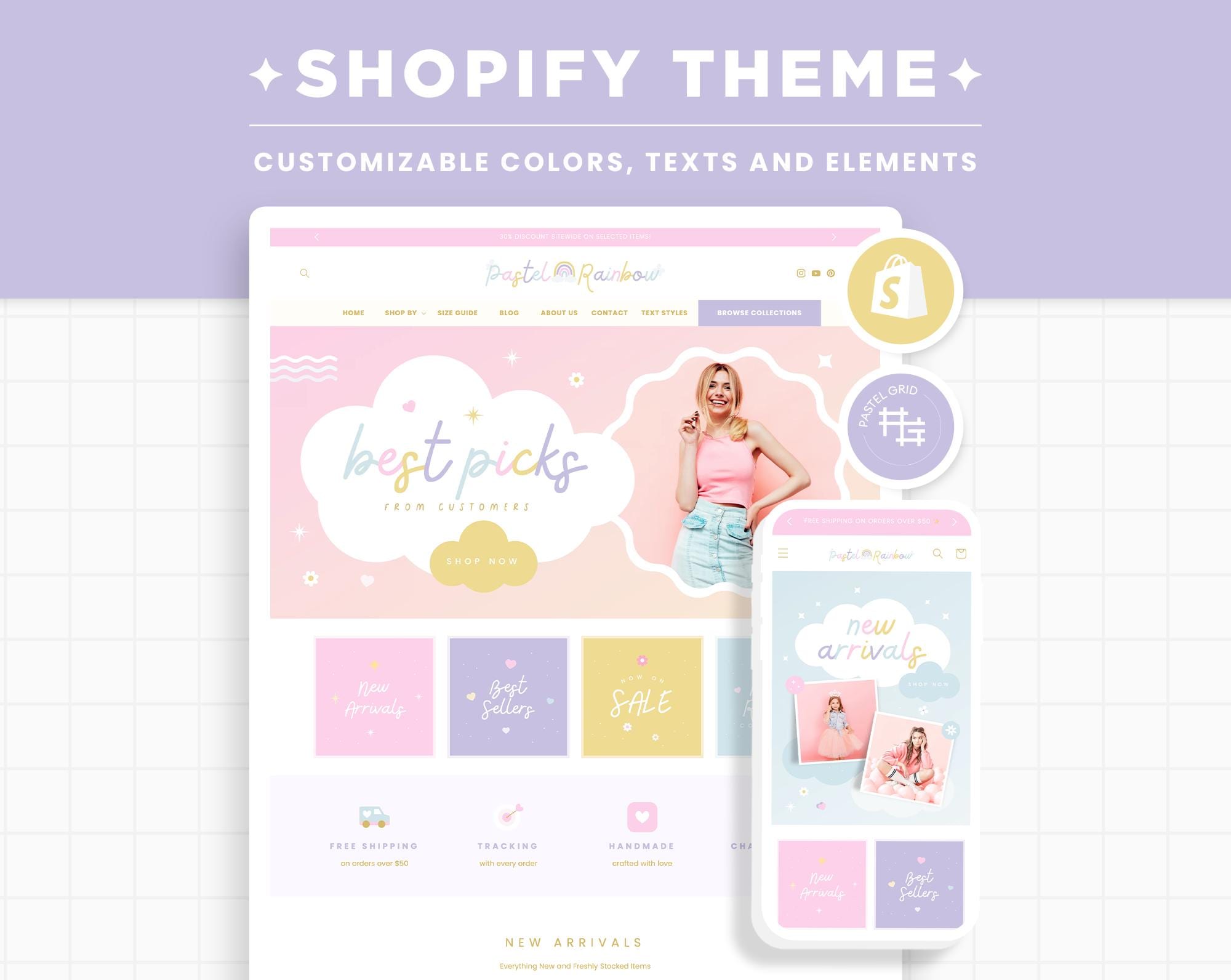 Shopify Theme Pastel Rainbow, Customizable Colors Shopify Theme, Editable Canva Banners, Boutique Feminine Aesthetic Shopify Template - PRB