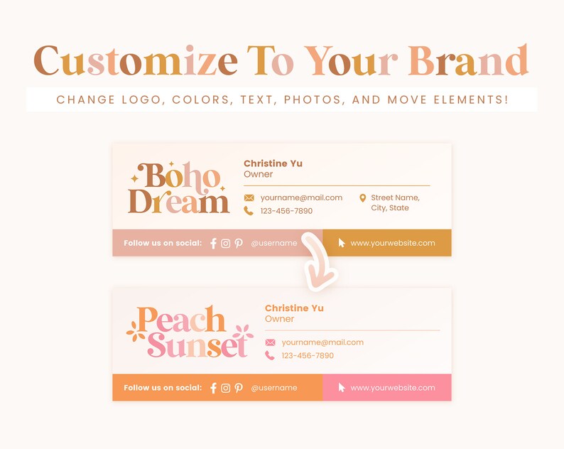 May include: Two business card mockups with a peach and pink color scheme. The top card features the text "Boho Dream" in a stylized font. The bottom card features the text "Peach Sunset" in a stylized font. Both cards include contact information, social media icons, and a website address.