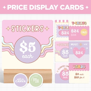 Cartões de exibição de preços editáveis Modelo Canva Pastel dinamarquês Arco-íris Rosa Azul Roxo Fofo Estético, Modelo de loja pop-up personalizável - DPT
